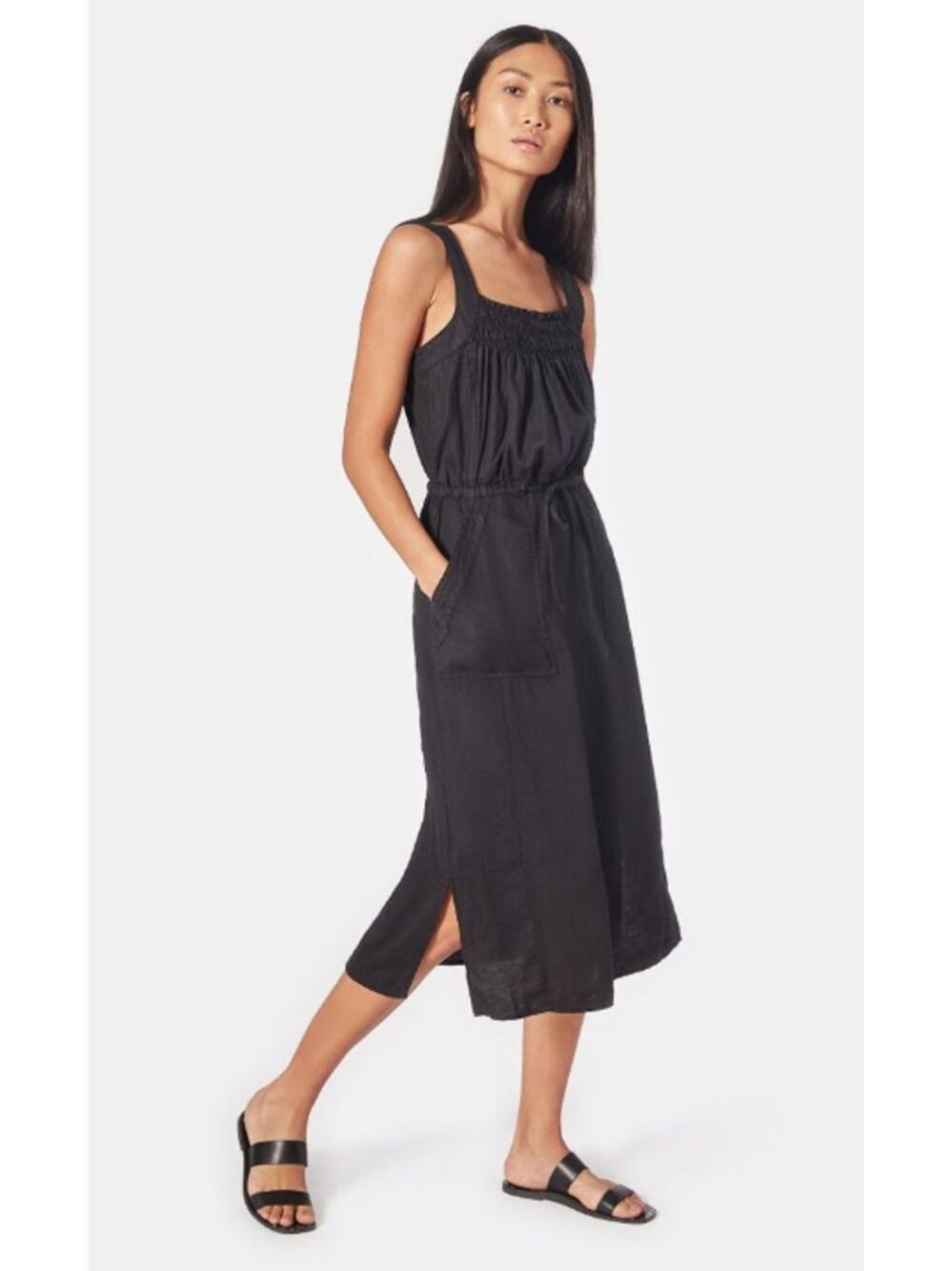 Joie 100% Linen Smocked Midi Dress Large Black Tie Waist Pockets Side Slit EUC